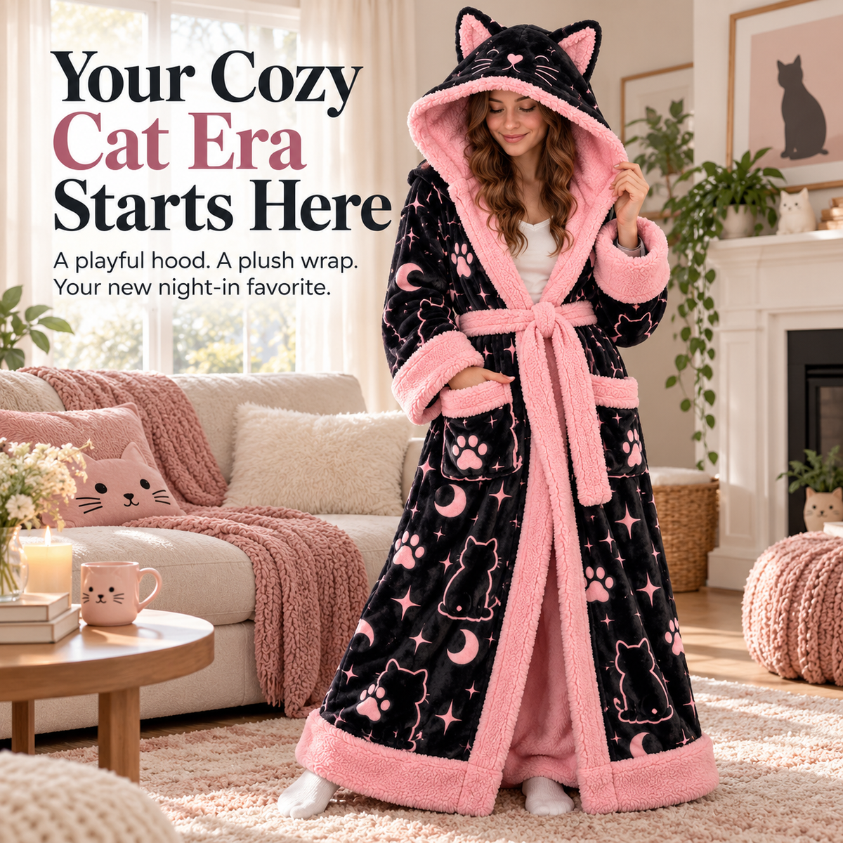 🐈Cozy Cat Hooded Robe – Plush Long Robe