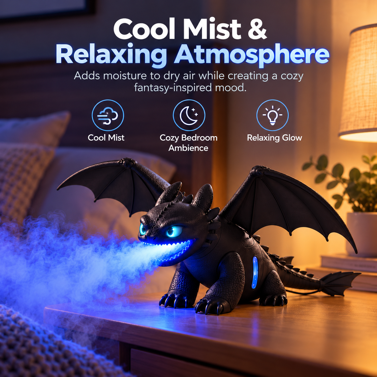 🐉 Fantasy Dragon Cool Mist Humidifier – Glowing Blue Mist & Ambient Desk Decor