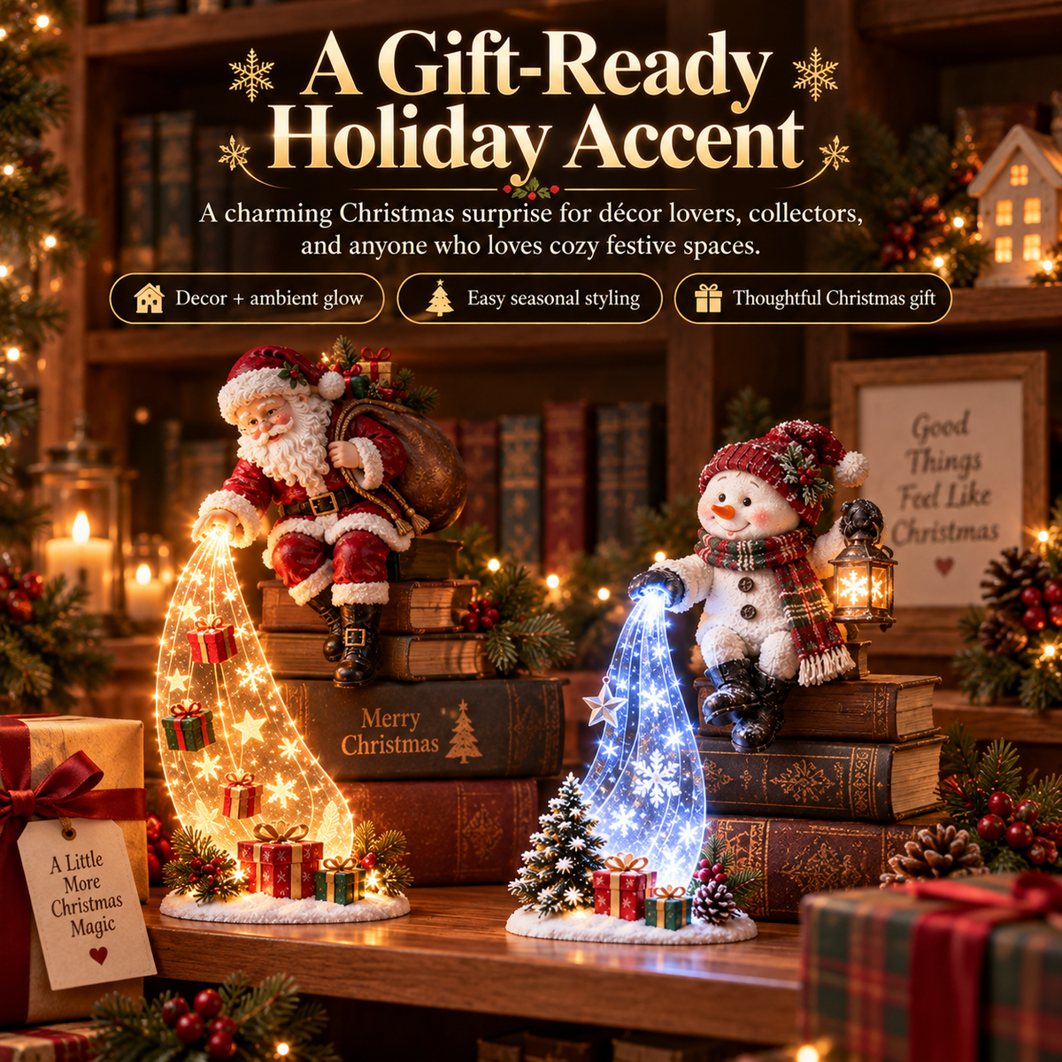 ✨ Christmas Resin Shelf Sitter Ornament with Cascading LED Lights | 6 Styles Available, Warm Festive Indoor Decoration for Family