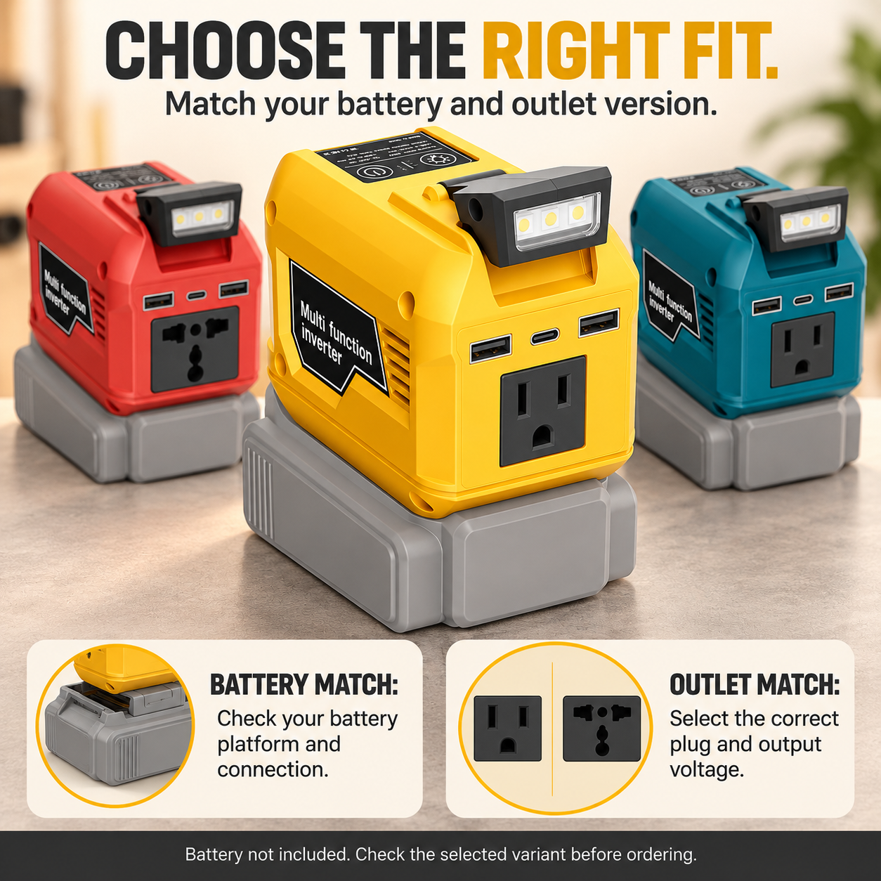 Red yellow and green portable inverter versions with battery and outlet compatibility guidance