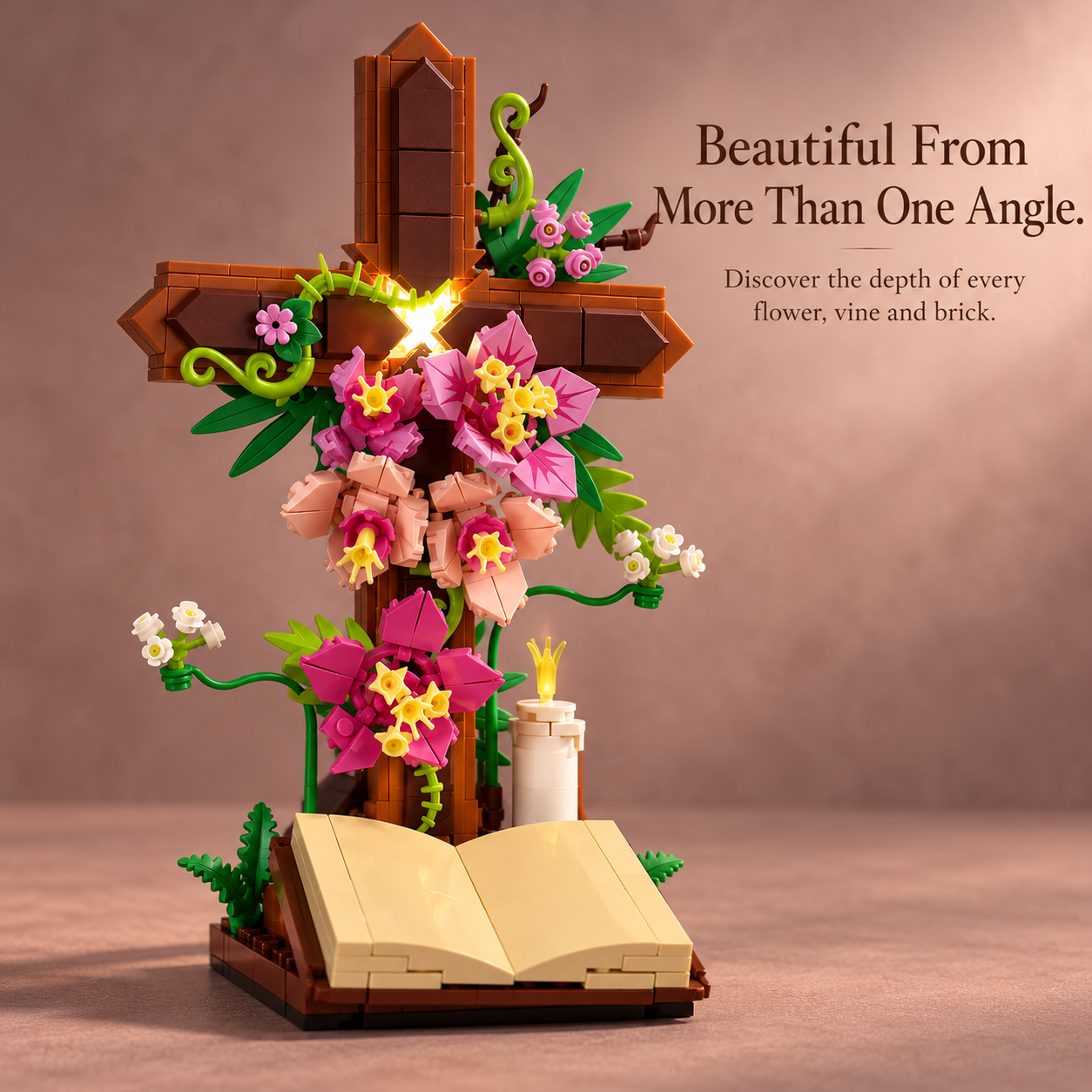 Three-quarter view of completed floral cross building set with open-book base and colorful flowers
