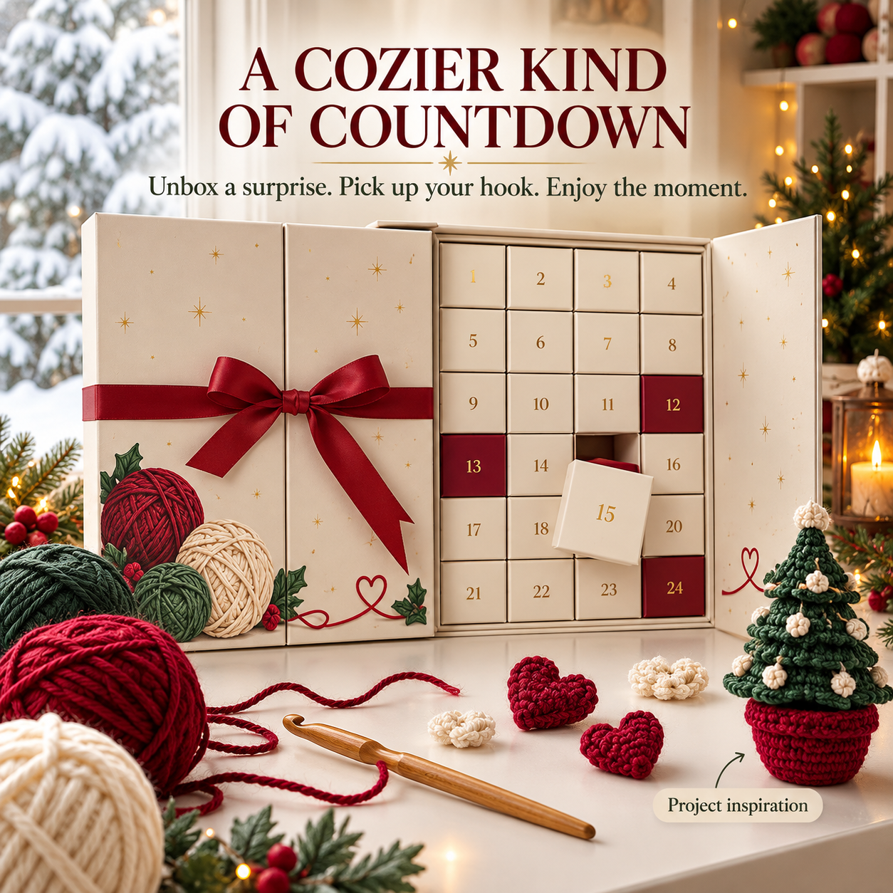 Christmas crochet advent calendar gift box with burgundy ribbon and numbered drawers on holiday craft table