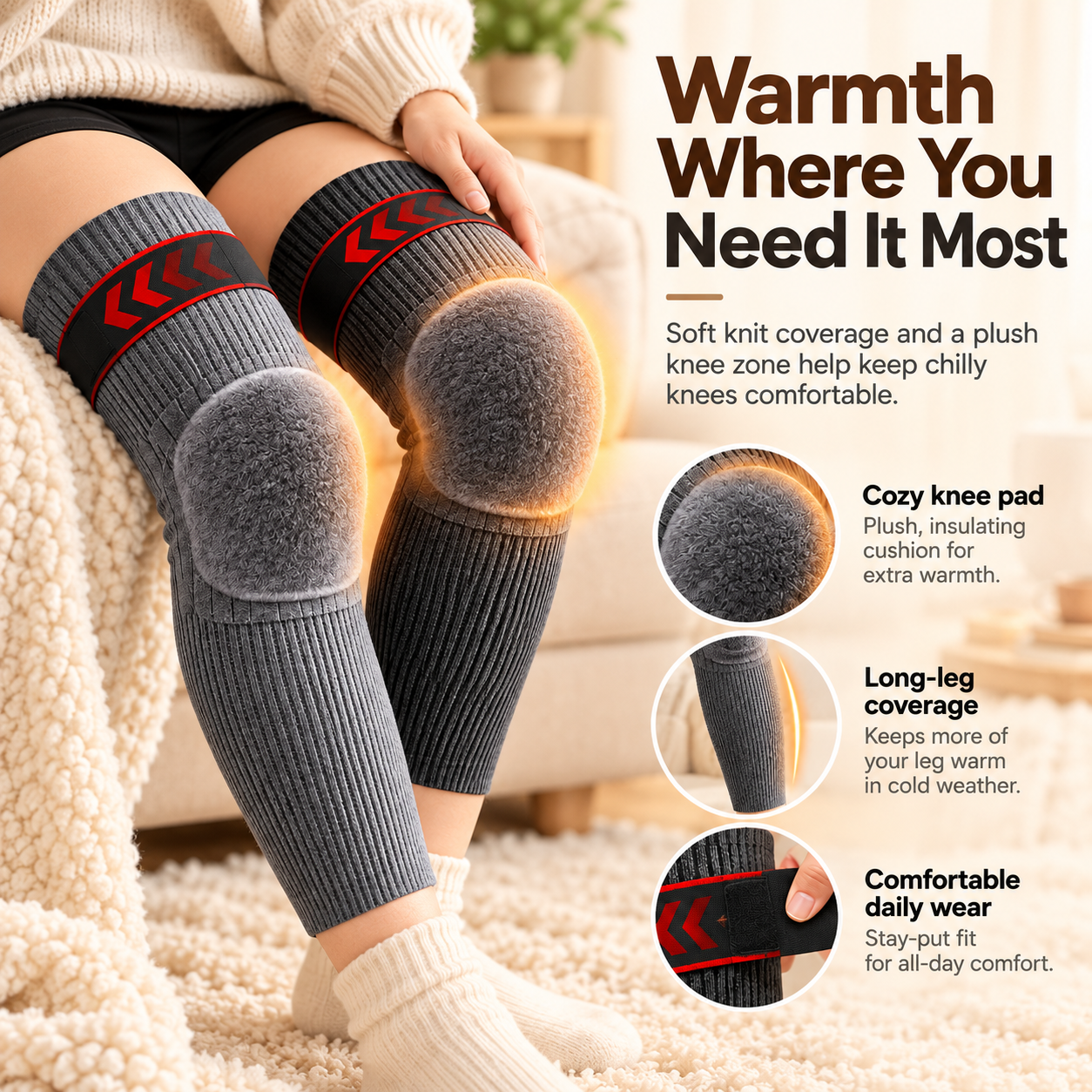 Plush knee area and extended thermal coverage