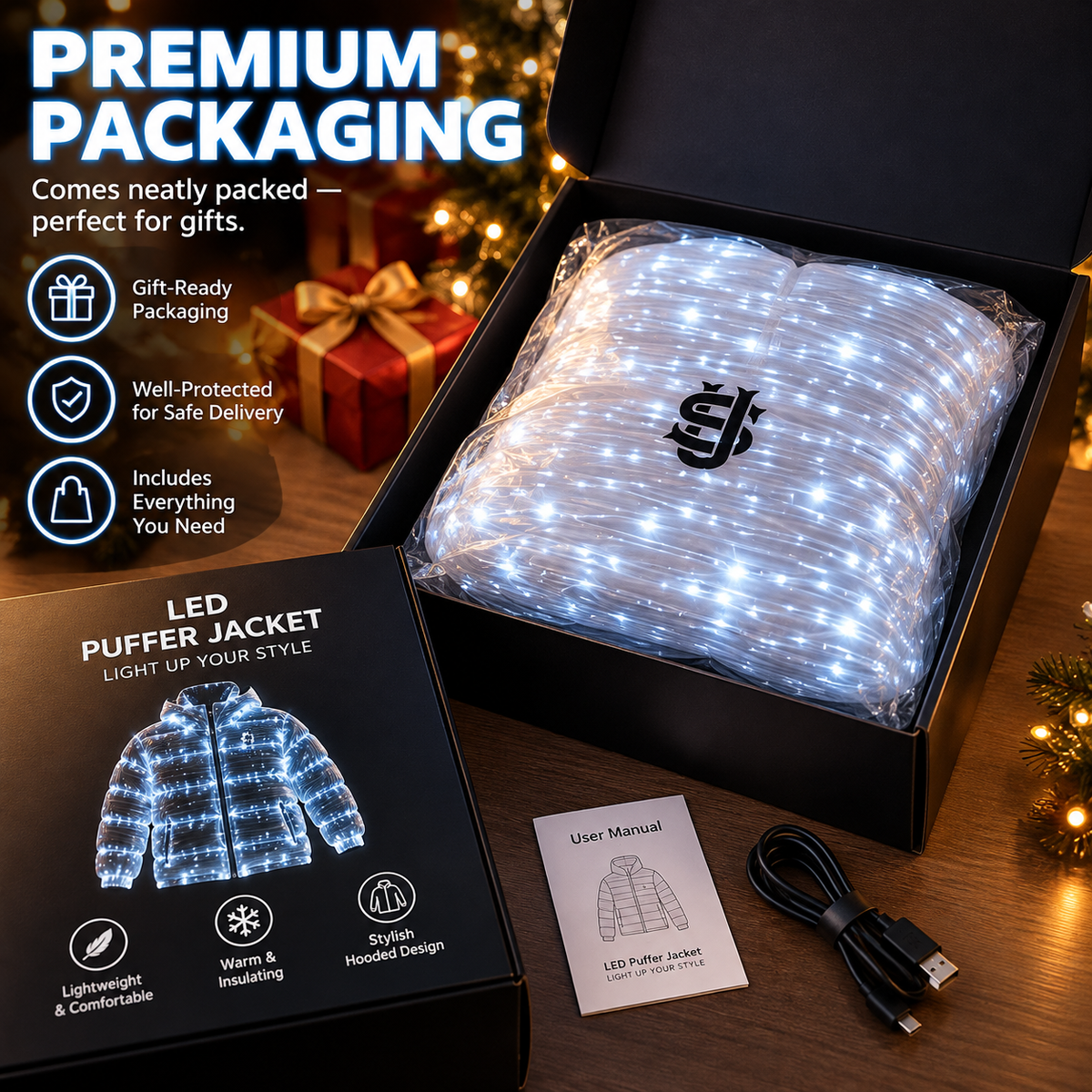 LED puffer jacket gift box with USB cable and user manual