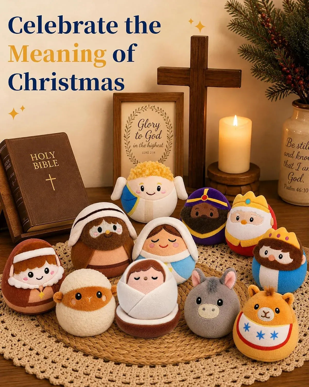 Nativity plush collection displayed beside a Bible and Christmas decorations