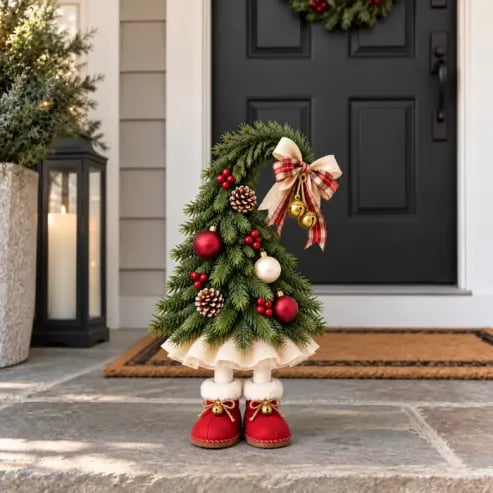 Small Christmas elf tree decoration displayed at a covered front porch