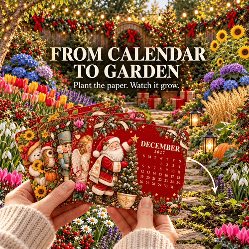 From Calendar to Garden promotional image showing Christmas calendar cards surrounded by colorful flowers