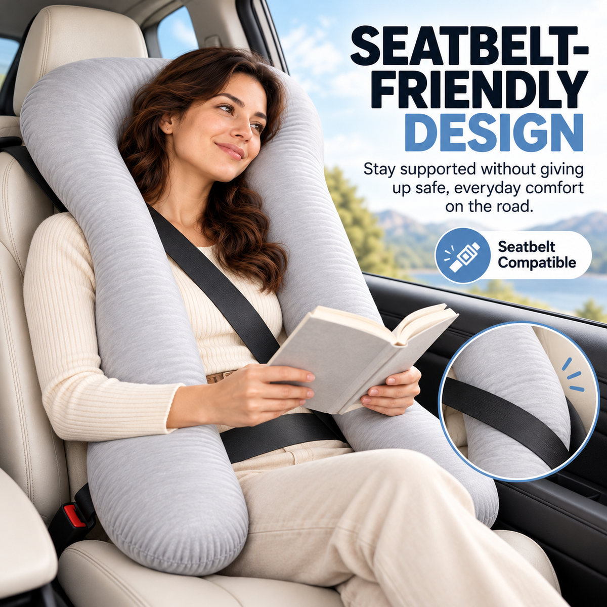 🚗Bvuyomi™Full-Body Road Trip Pillow – U-Shaped Passenger Cushion with Soft Ice-Silk Cover