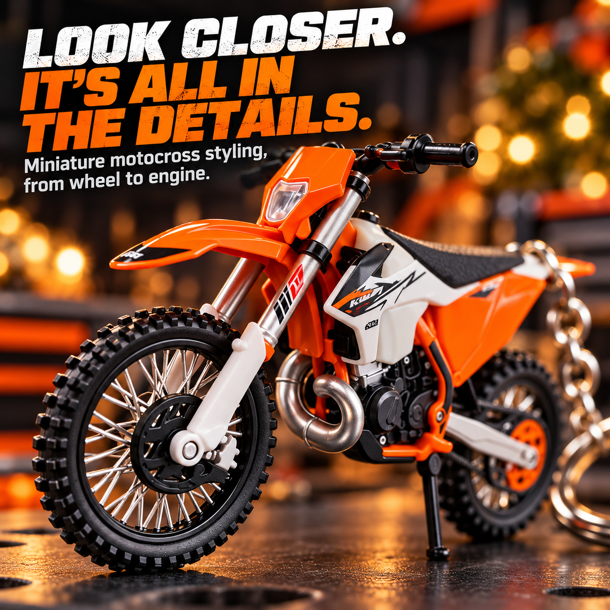 Close-up of orange miniature dirt bike keychain with detailed wheels, handlebars and engine styling