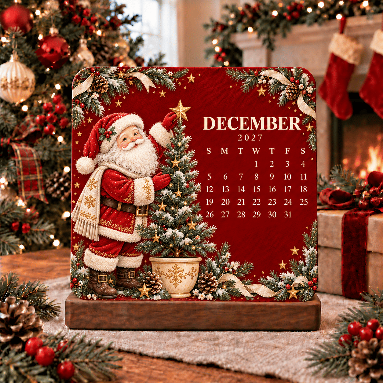 December 2027 Santa Claus decorating a Christmas tree