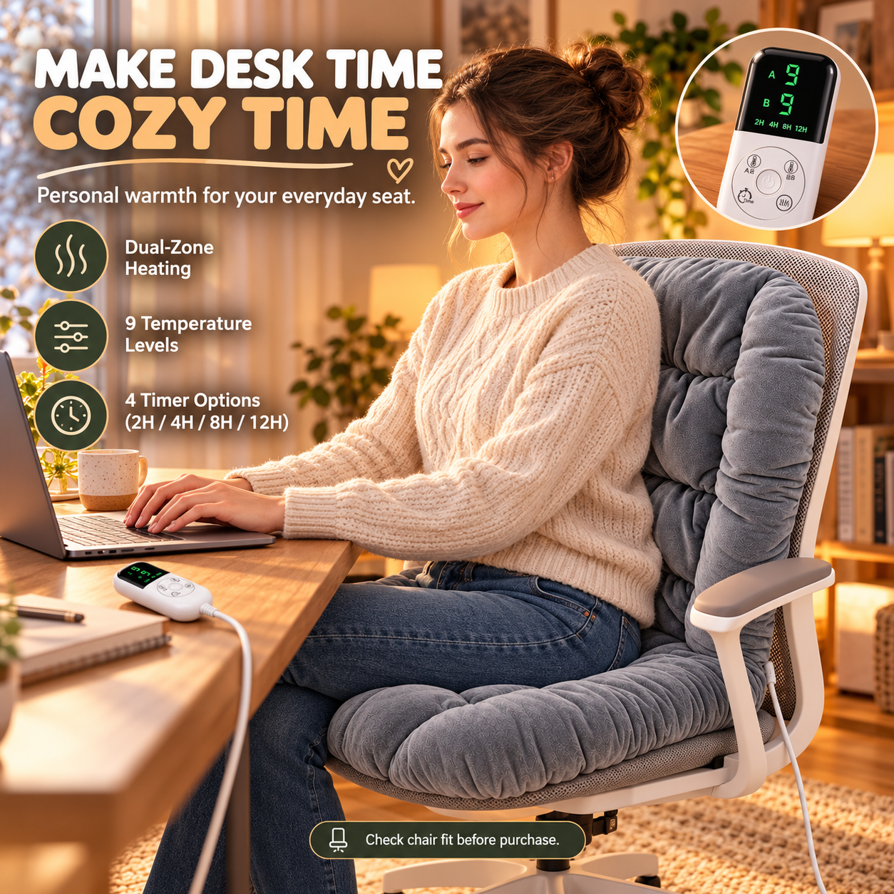 Woman working on laptop while seated on gray heated seat and back cushion