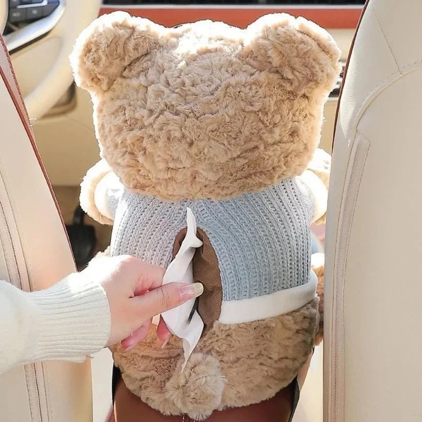 Rear tissue compartment on plush bear car organizer