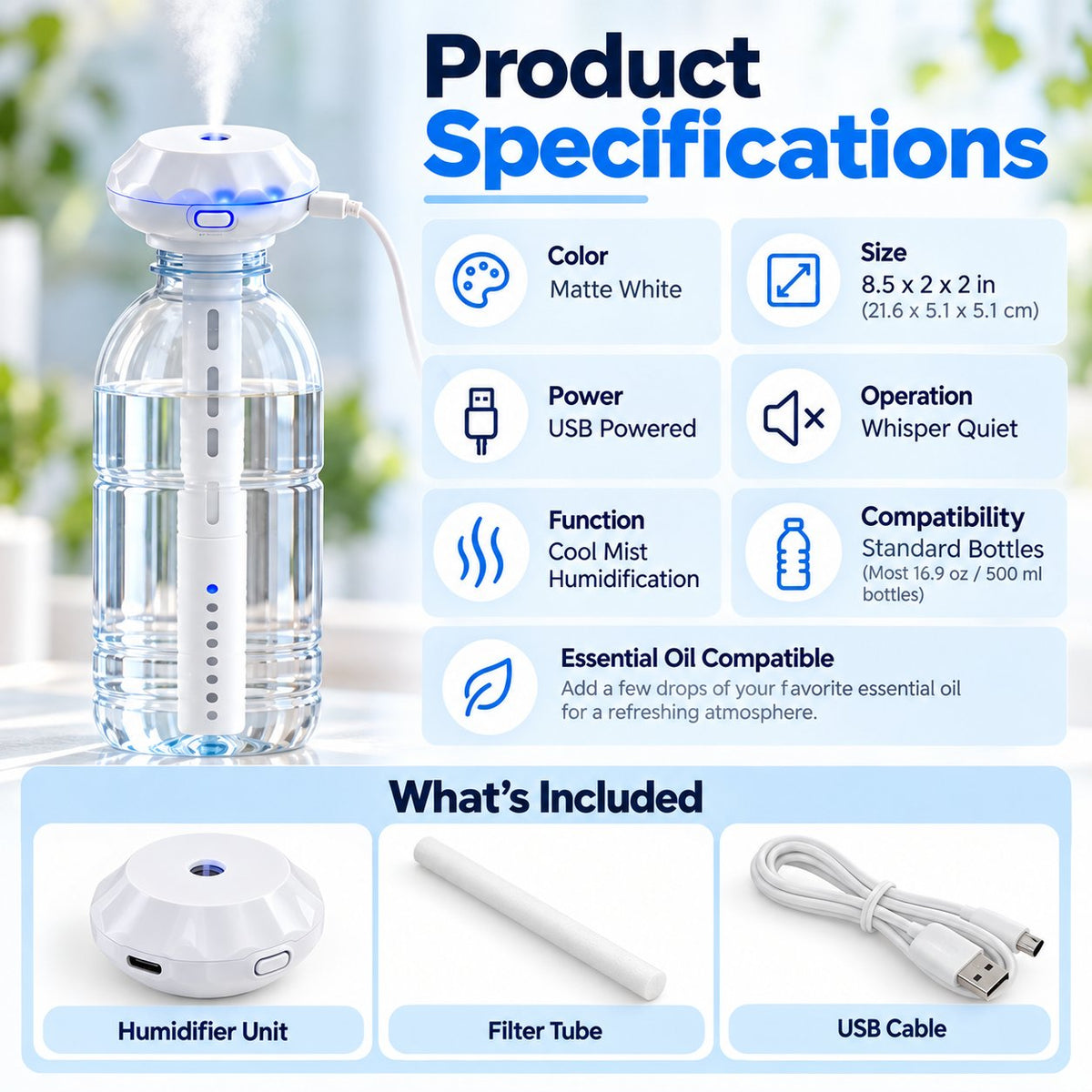 Bottle Top USB Humidifier Stick | Quiet Portable Cool Mist Aroma Diffuser