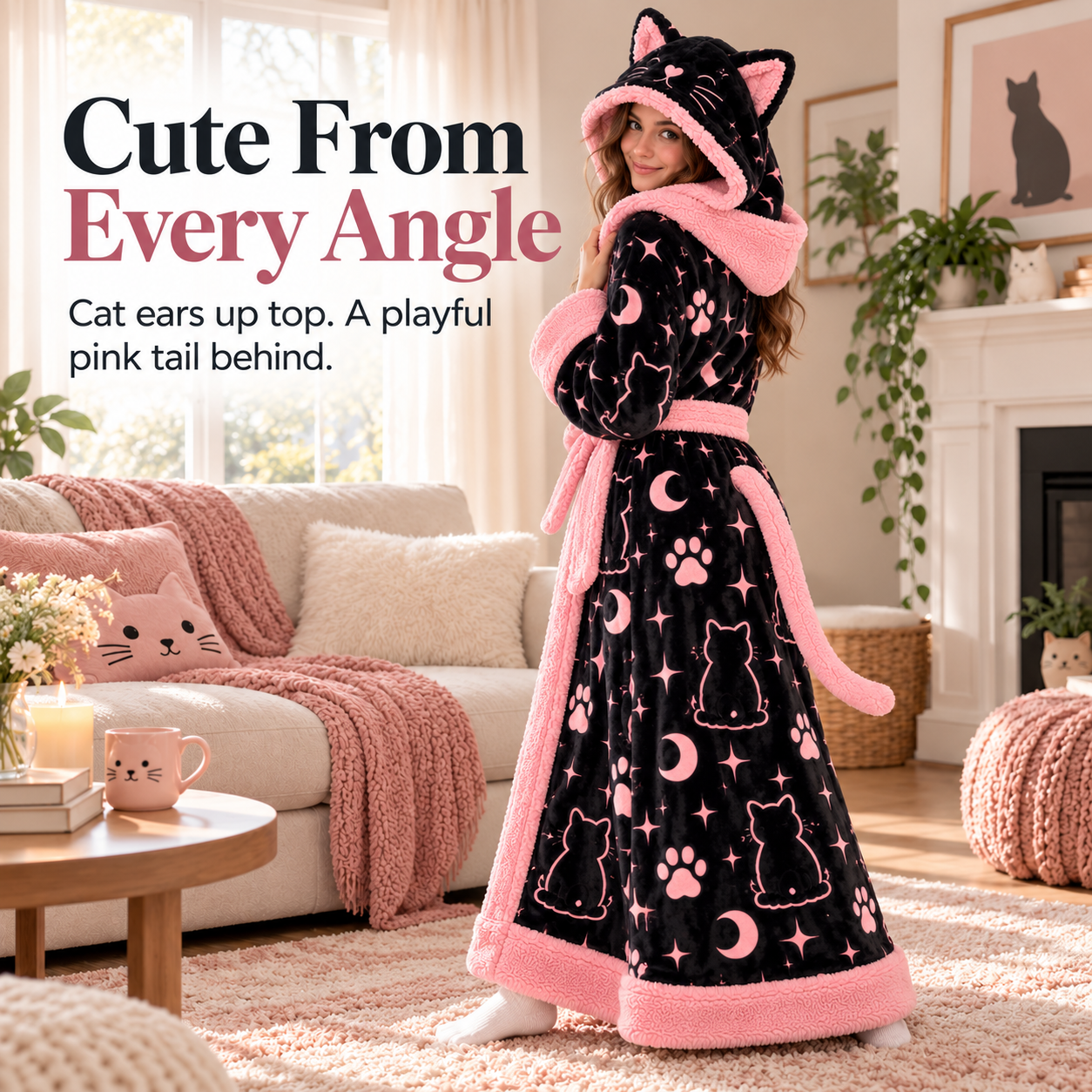 Back view of cat robe showing pink tail and cat ear hood