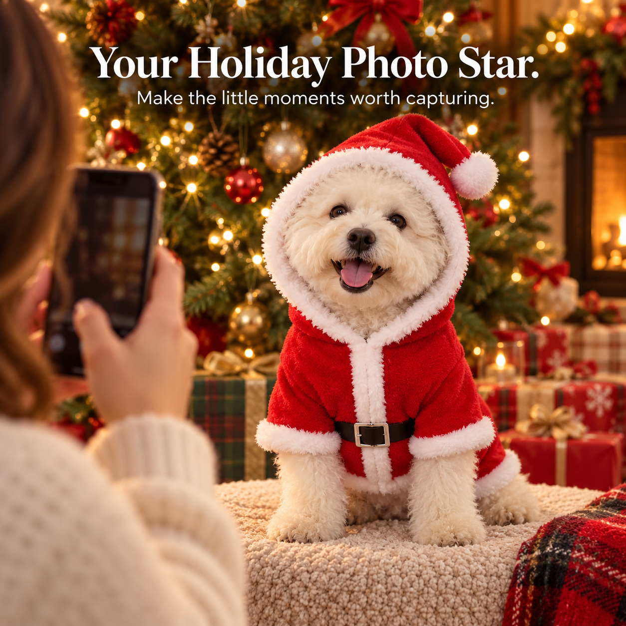 Small dog in Santa hoodie posing for Christmas photo in front of decorated tree