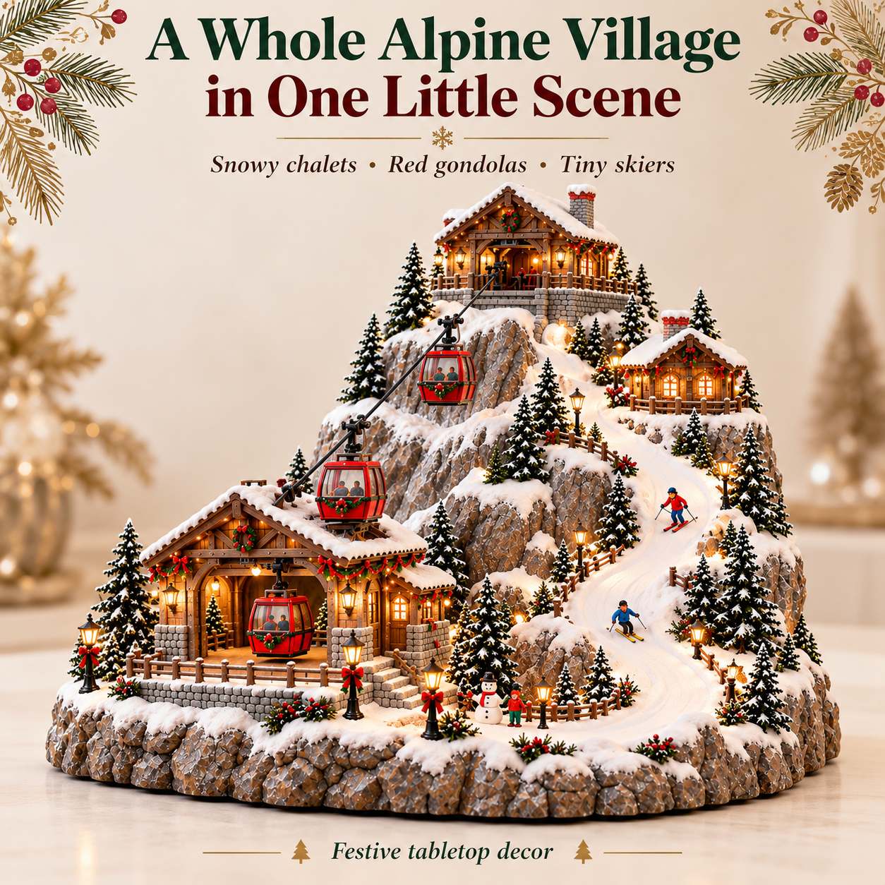 Full view of Alpine Christmas Ski Village with snowy mountain, red gondolas and winter cabins