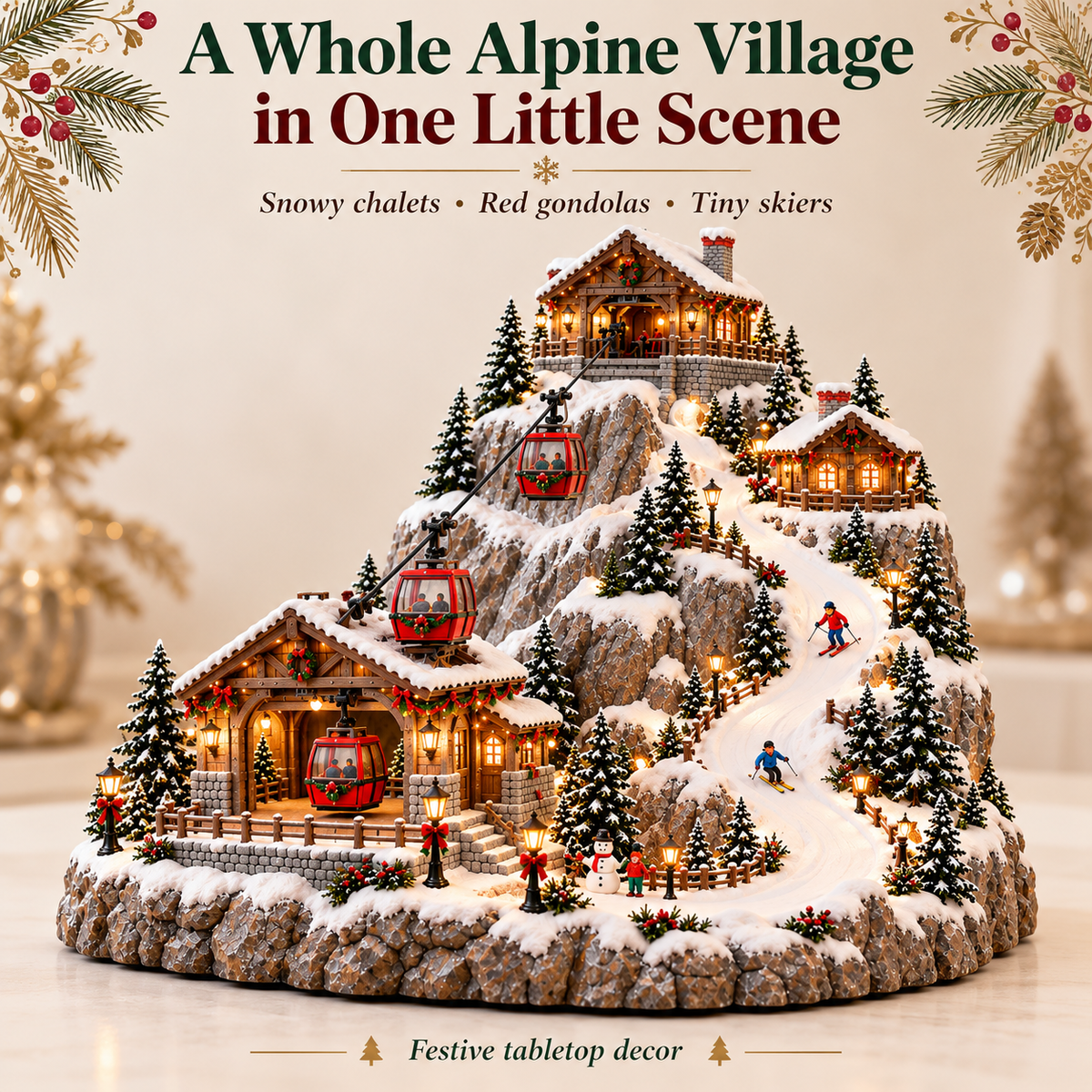 🏔️ Alpine Christmas Ski Village 🎄 Magical Miniature Snowy Mountain with Gondolas & Skiers ✨