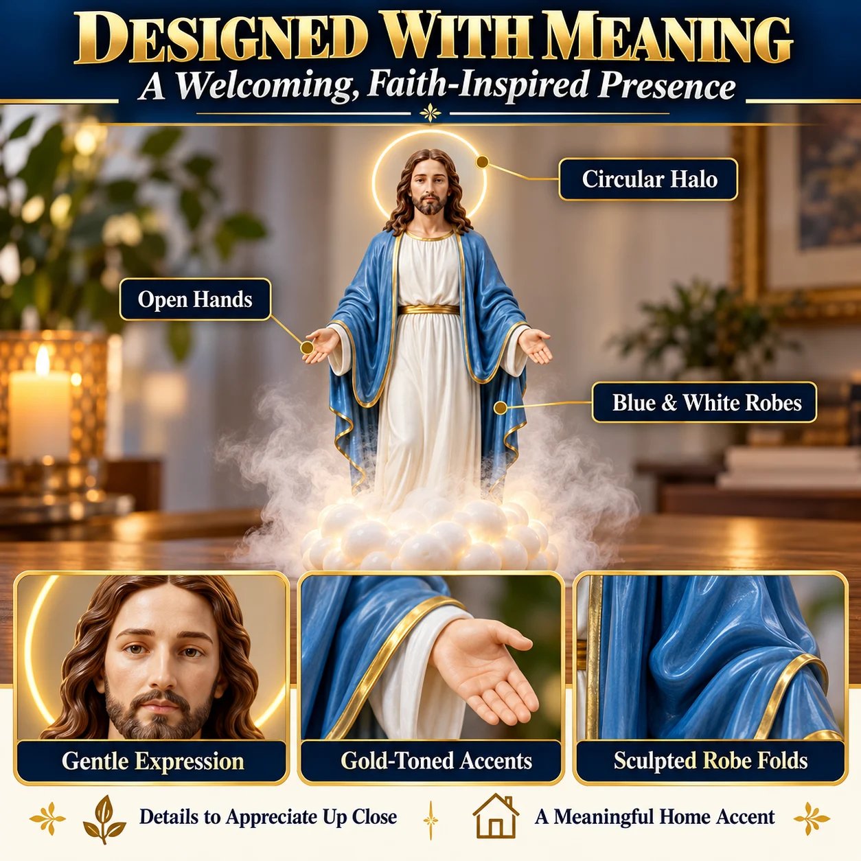 Jesus statue details including circular halo, open hands, blue and white robes and gold-toned trim