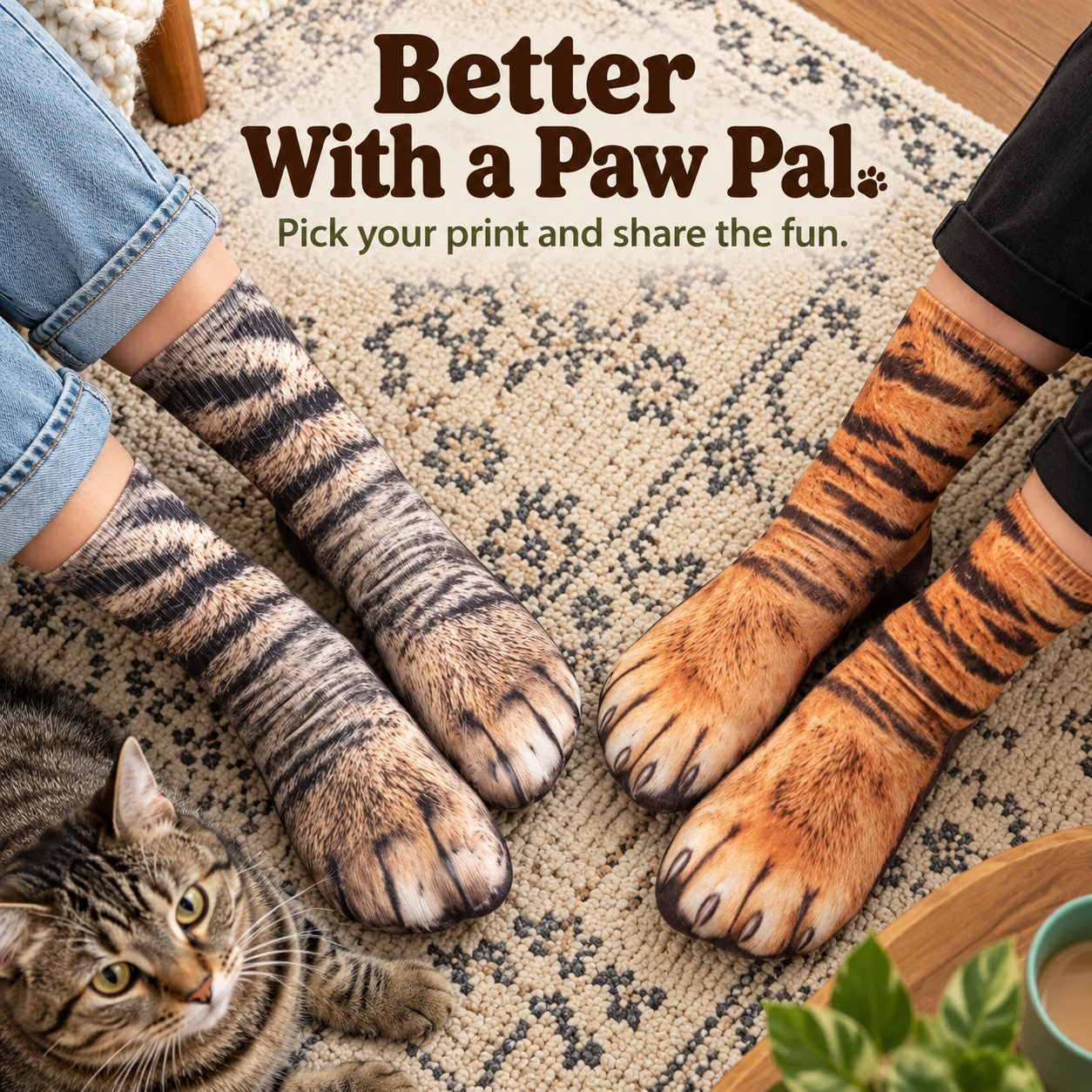 Two people wearing different realistic cat paw sock patterns together