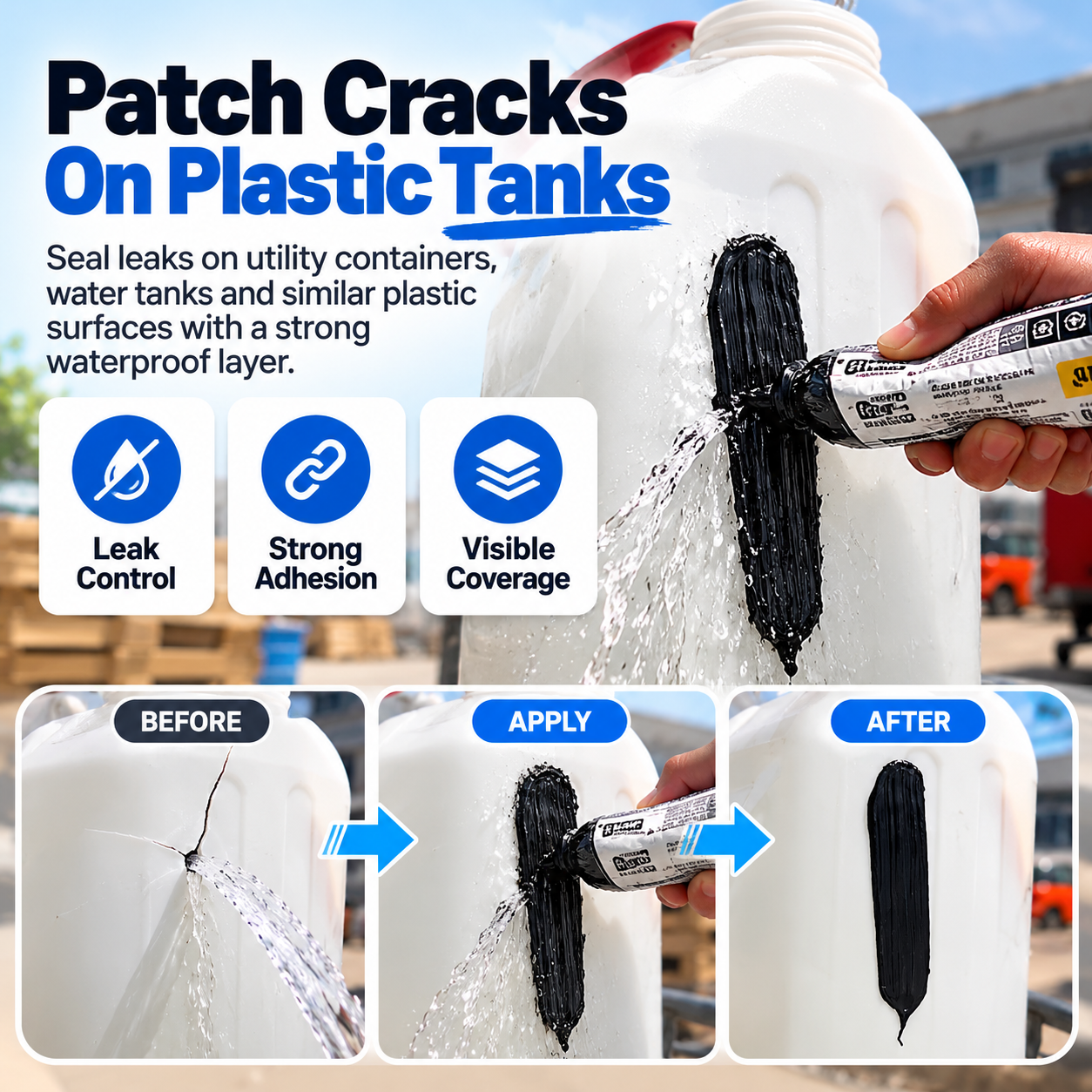 Demonstration of black sealing paste covering a crack in a white plastic utility tank