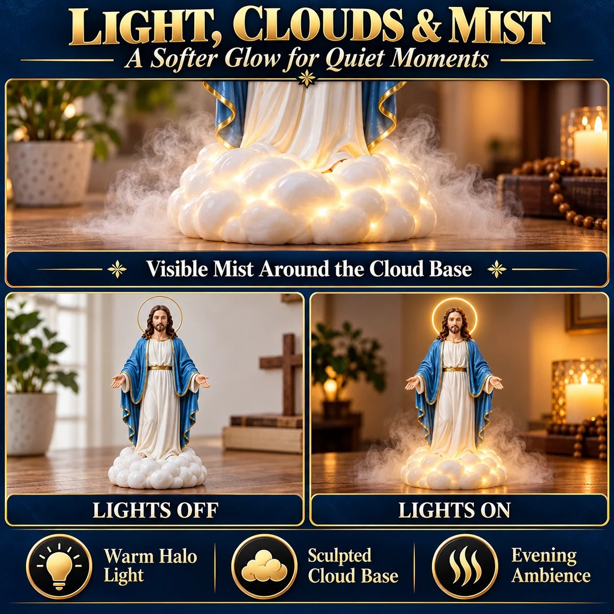 Jesus statue cloud base with visible mist and comparison of lights on and lights off