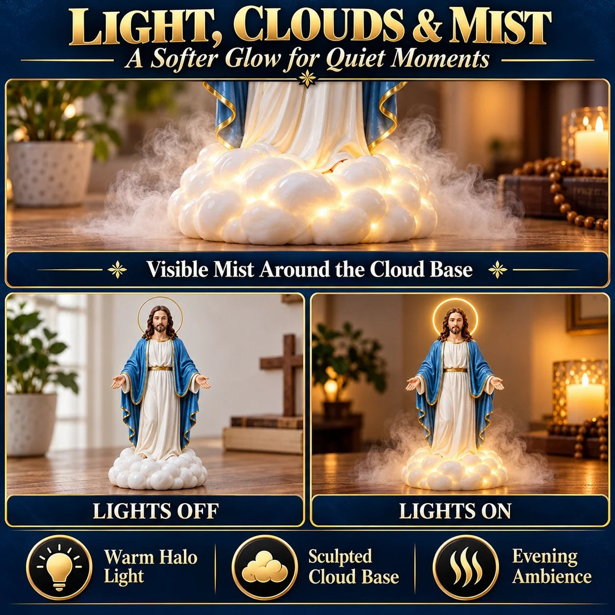 ✝️ Holy Mist Jesus Humidifier – Light-Up Christian Statue with Halo & Cloud Mist