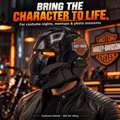 Voice-Controlled Armored Costume Helmet – Gloss Black with Amber LED Eyes & Opening Faceplate