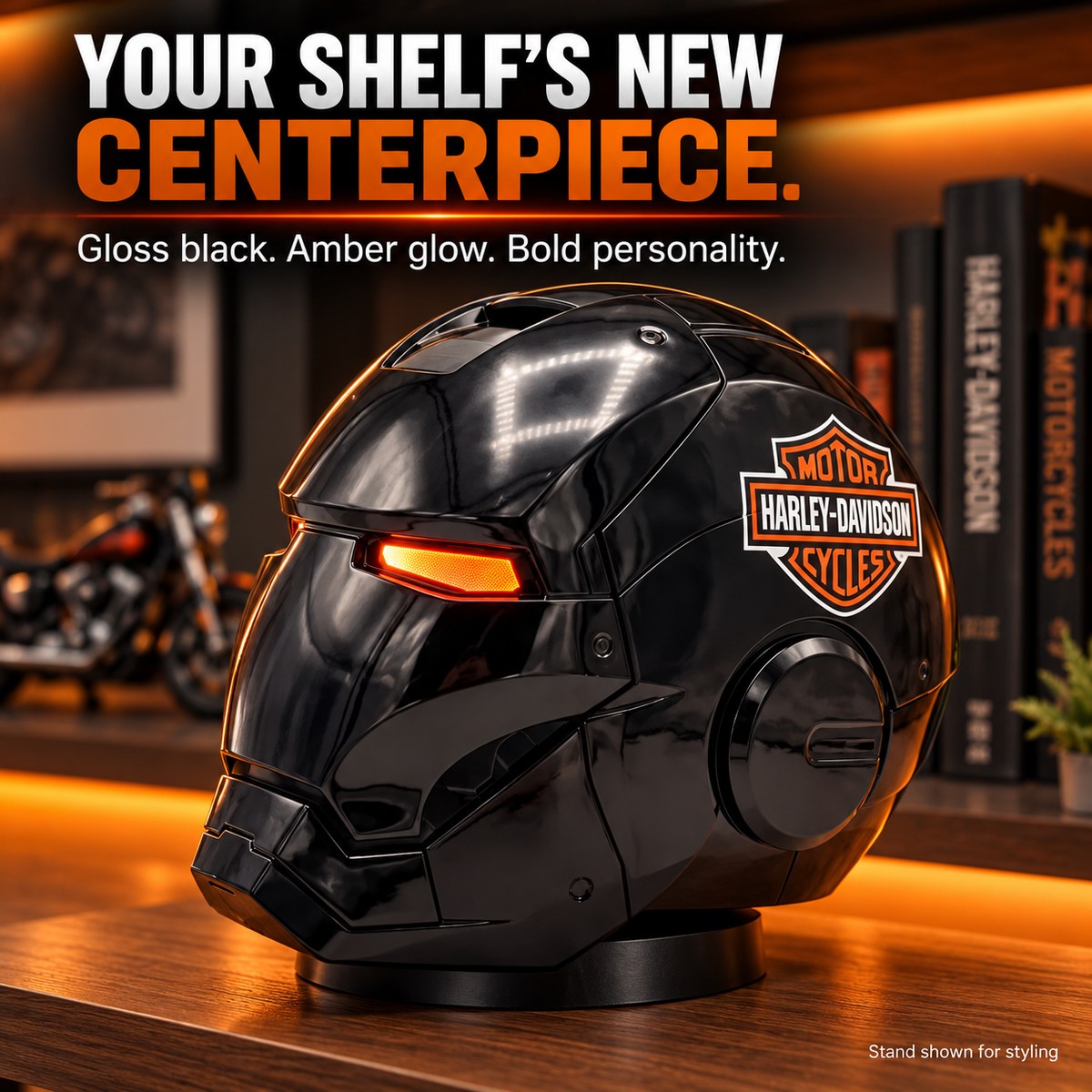 Voice-Controlled Armored Costume Helmet – Gloss Black with Amber LED Eyes & Opening Faceplate
