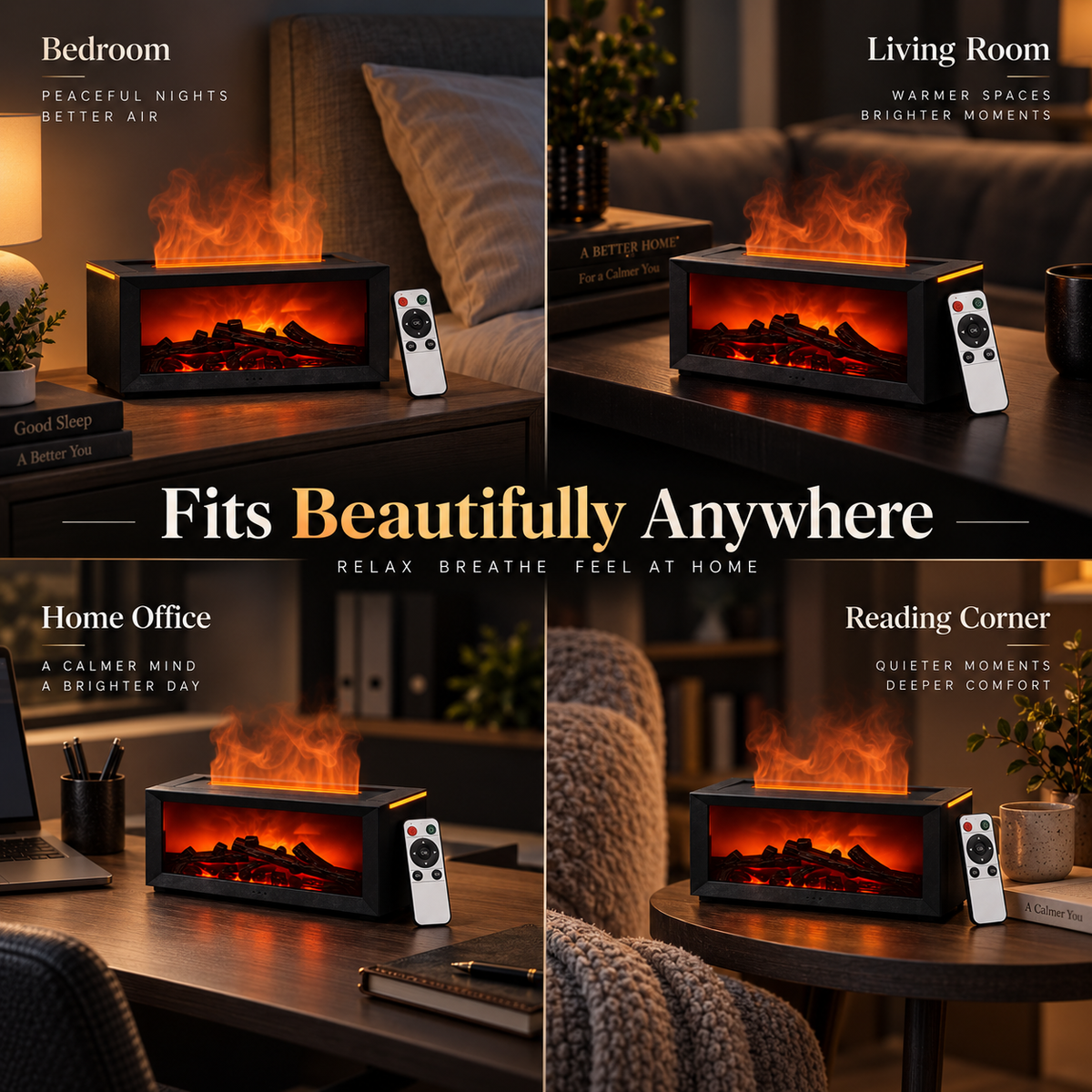 Flame-Effect Ambient Fireplace Humidifier – Remote-Control Cozy Tabletop Decor