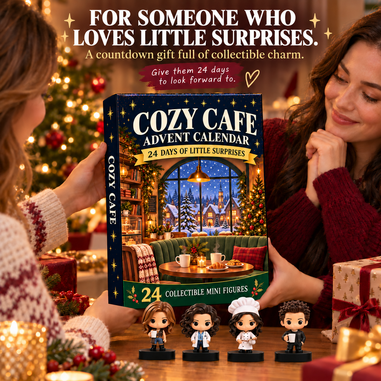 Two women exchanging Cozy Cafe Advent Calendar with four miniature figures as a Christmas gift