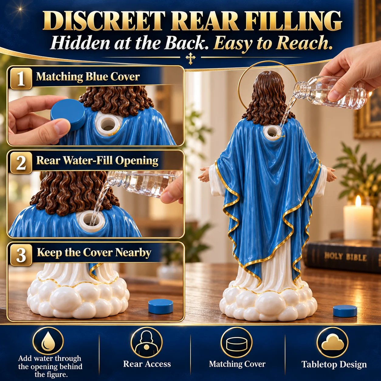 Back view of Jesus humidifier with blue removable cover and water being poured into rear opening