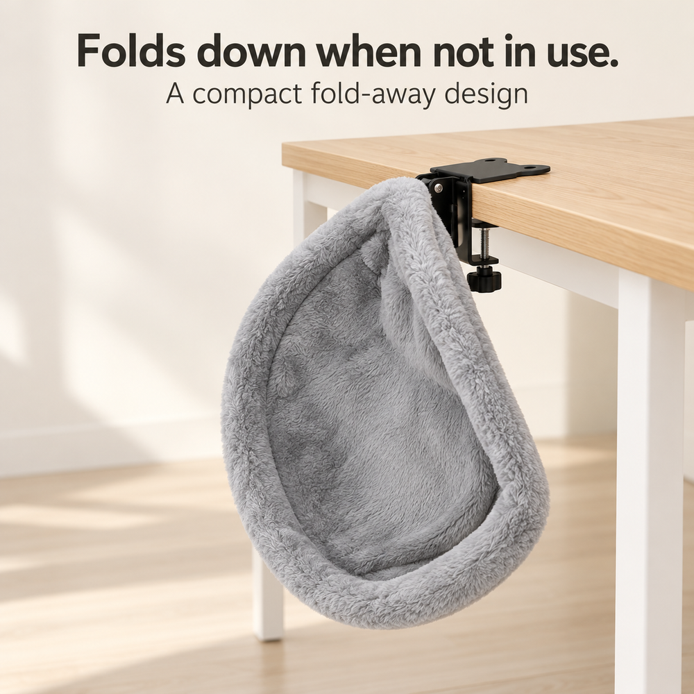 Folded desk cat hammock hanging vertically beside desk
