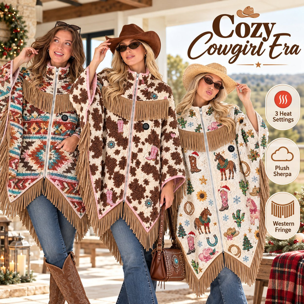 🤠 Heated Sherpa Fringe Poncho – 3 Heat Settings, Cozy Western Cowgirl Wrap in 3 Prints 🔥