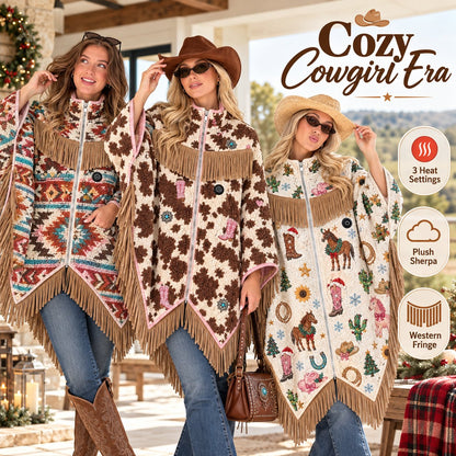 🤠 Heated Sherpa Fringe Poncho – 3 Heat Settings, Cozy Western Cowgirl Wrap in 3 Prints 🔥