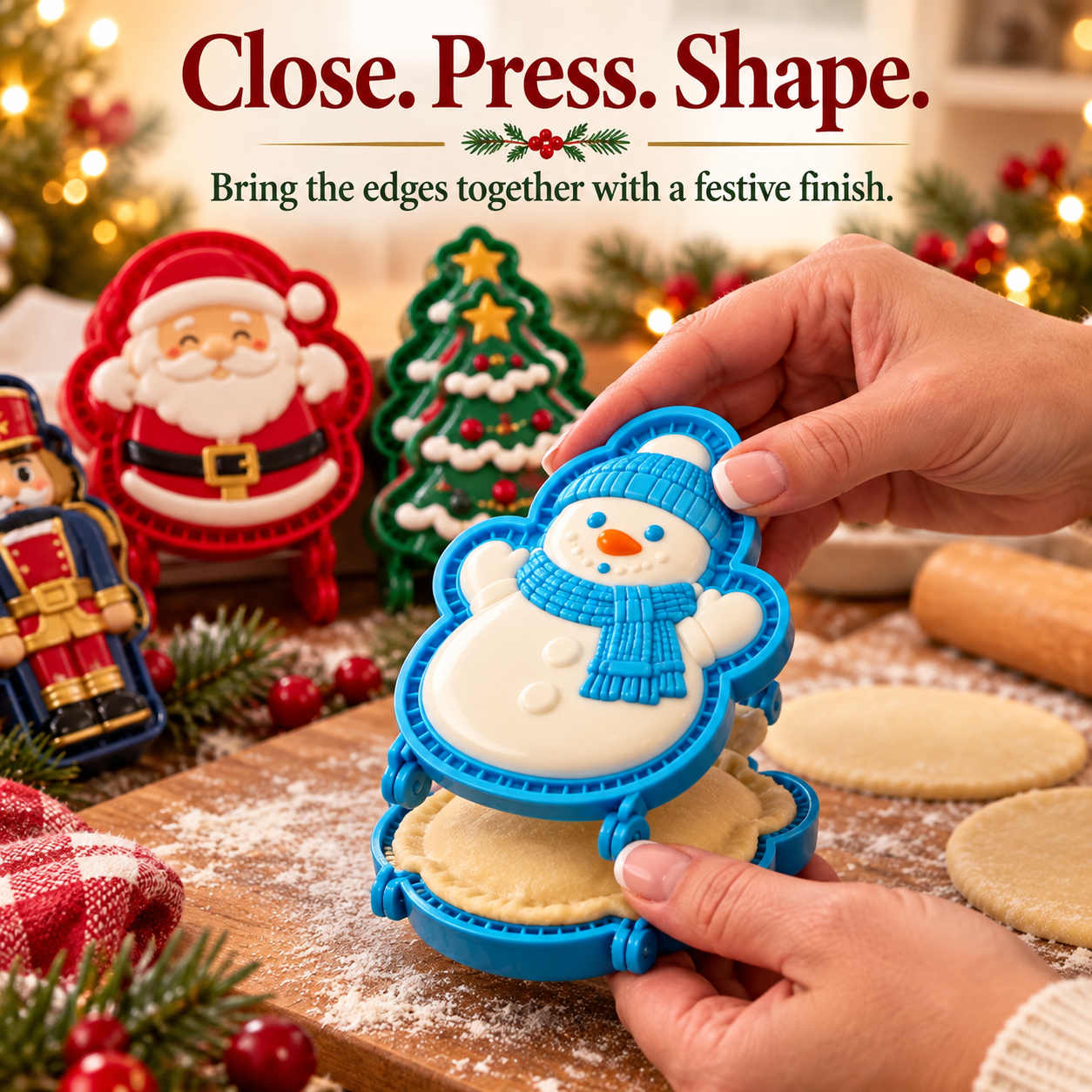 Hands closing blue snowman pastry press around filled dough to shape a holiday hand pie