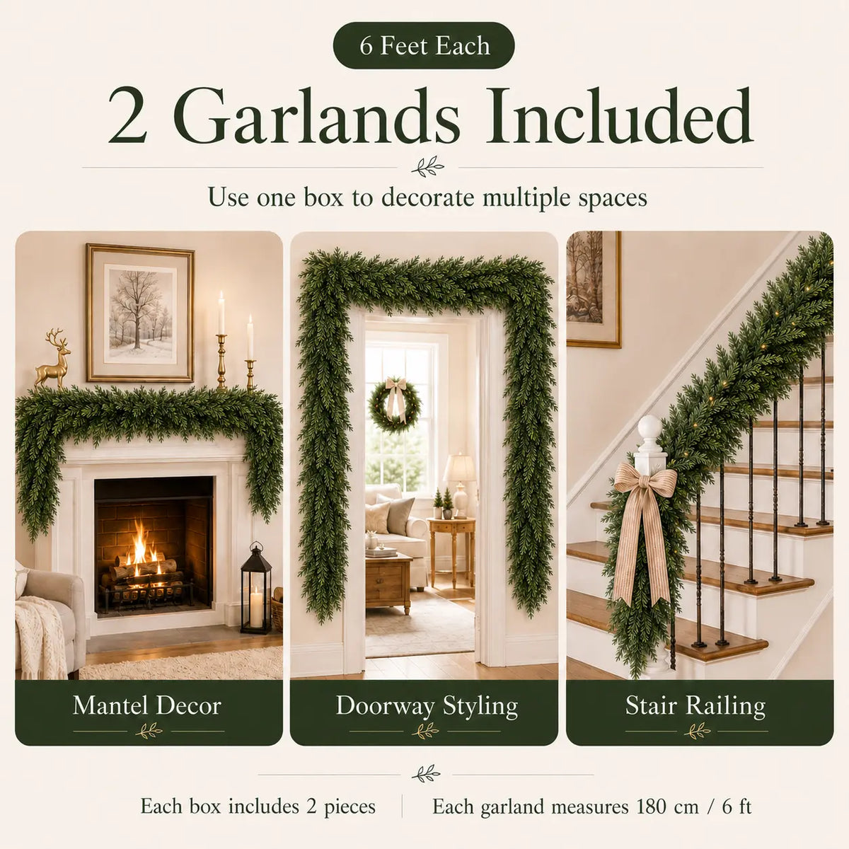 🎄 2-Piece 6FT Real-Touch Cedar Garland – Lifelike Christmas Greenery for Mantel, Staircase & Holiday Decor