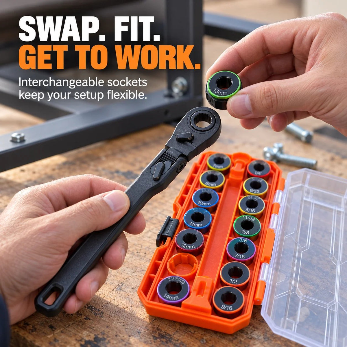 🔧🧰 Flex-Head Pass-Through Ratchet & Socket Set – Metric & SAE Sizes with Storage Case