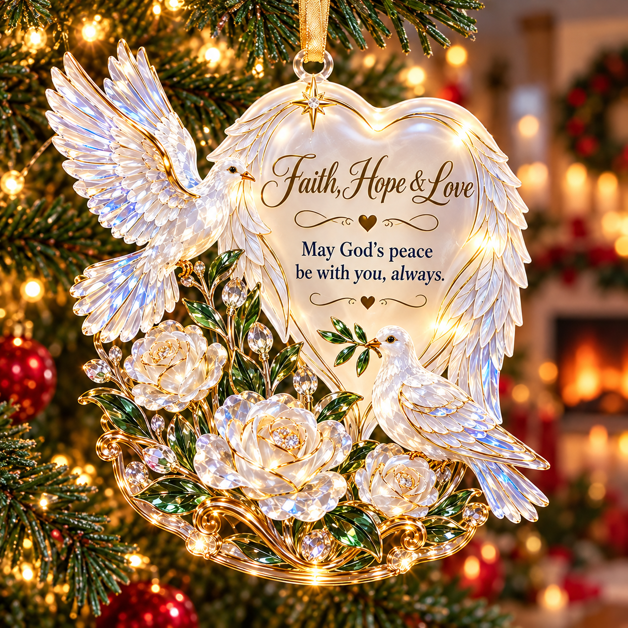 Faith Hope and Love angel wings heart ornament with white doves and white roses