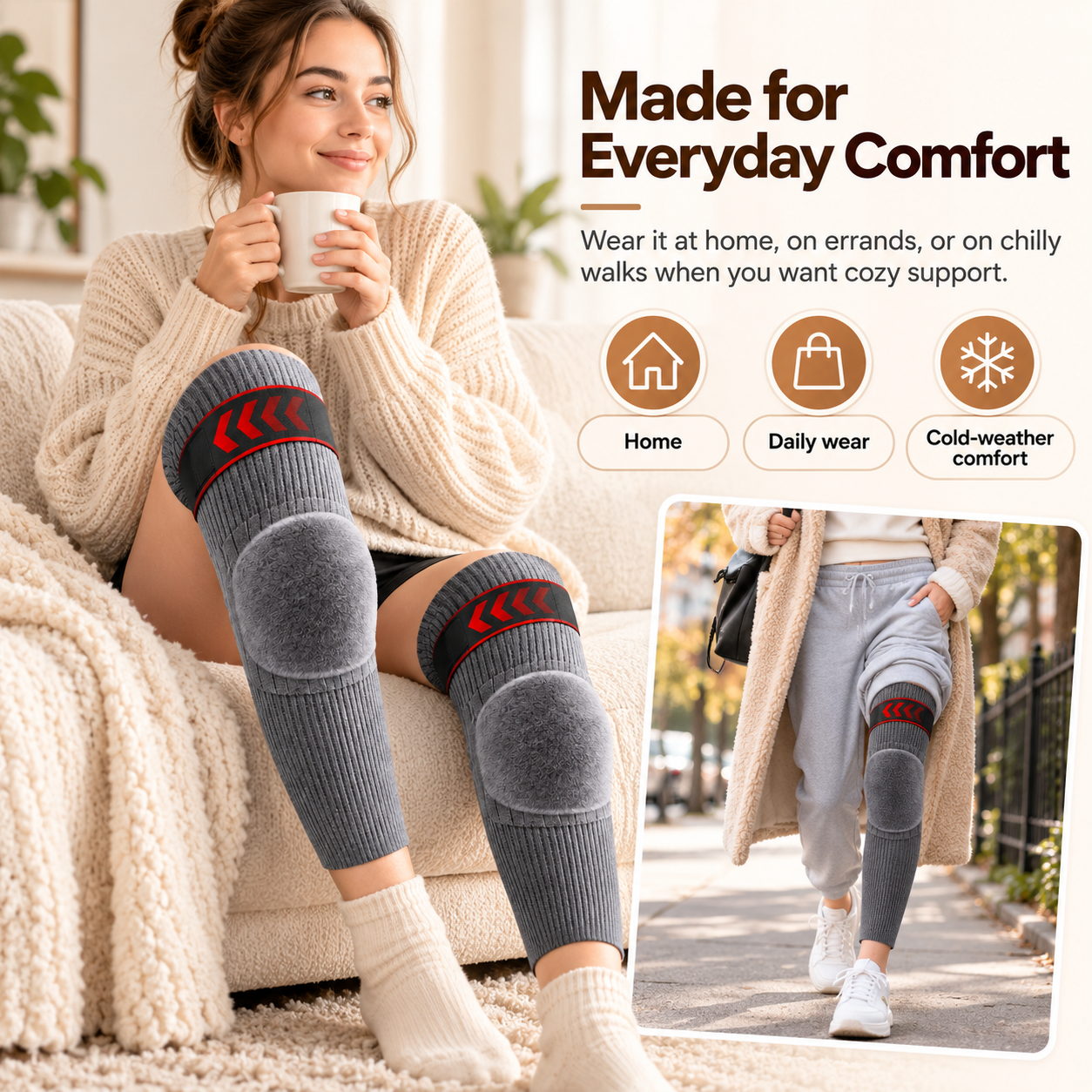 Thermal knee warmers worn indoors and outdoors