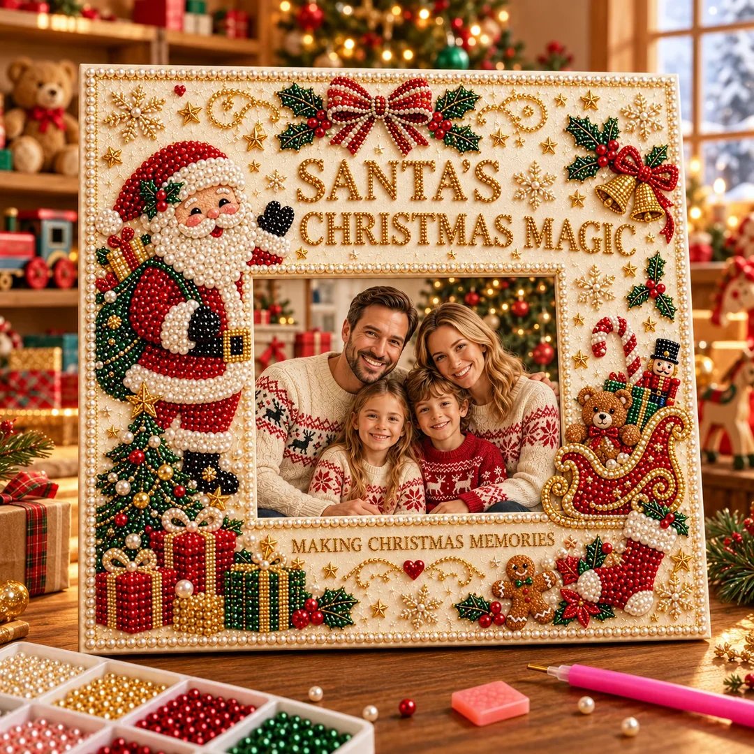 Finished Santa Christmas pearl art photo frame with family photo and pearl crafting materials