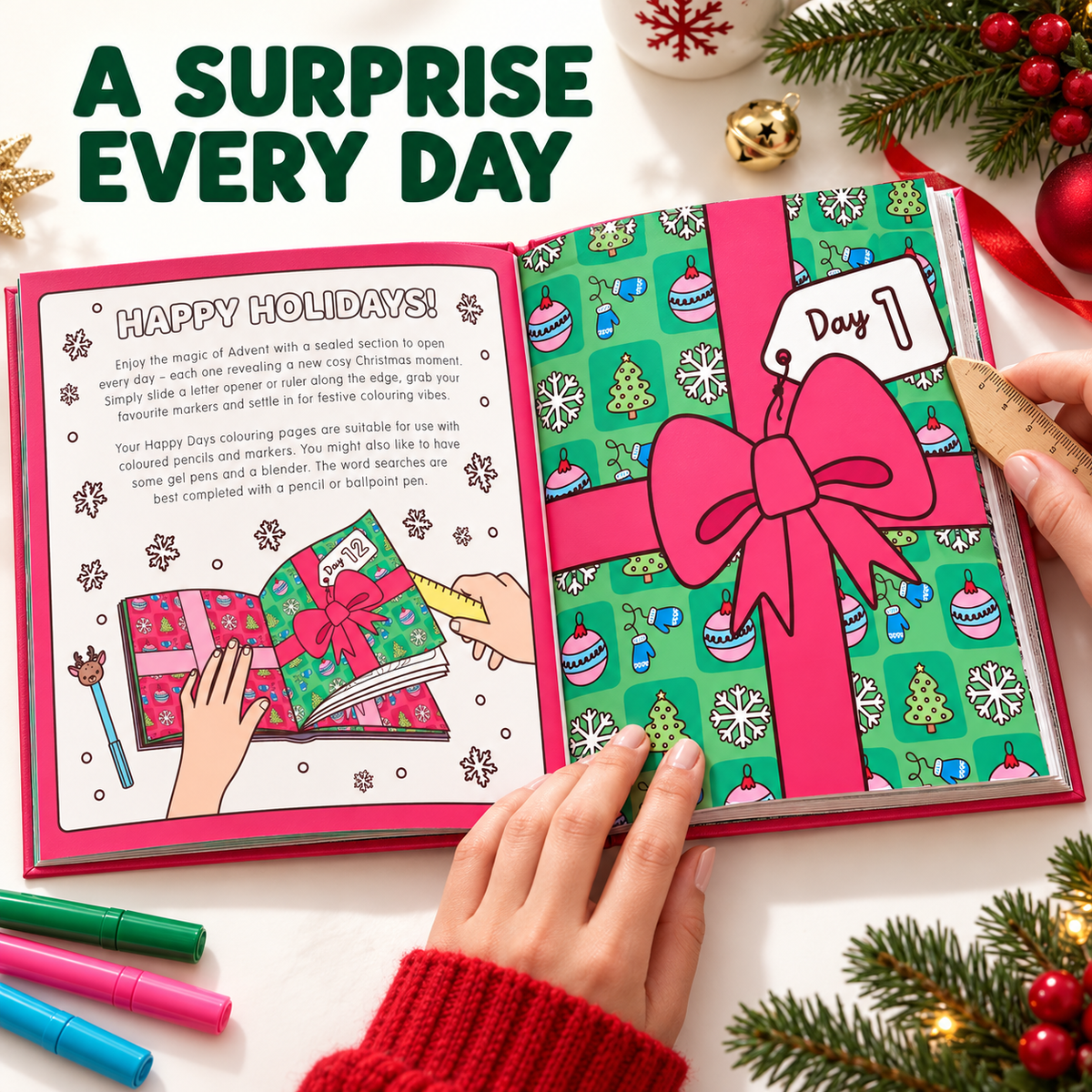 🎄Happy Days‑Cosy Christmas Advent Colouring Book | Hardback Edition | 24 Sealed Daily Surprise Sections | All‑Ages Screen‑Free Festive Activity