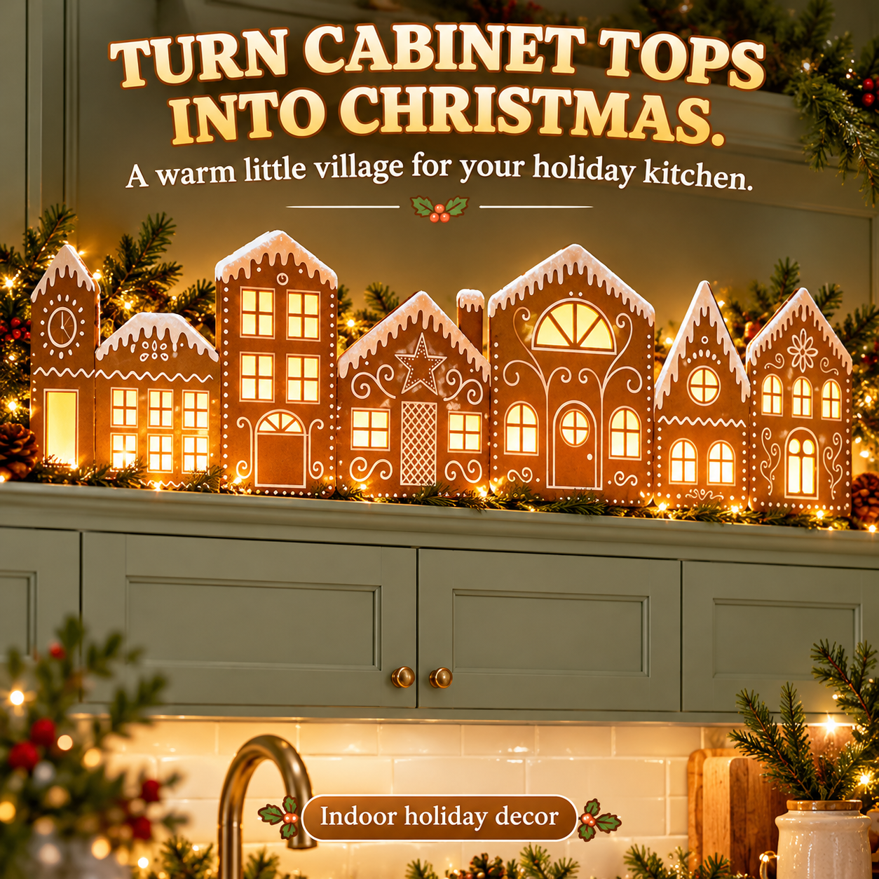 Illuminated gingerbread cardboard village arranged above green kitchen cabinets