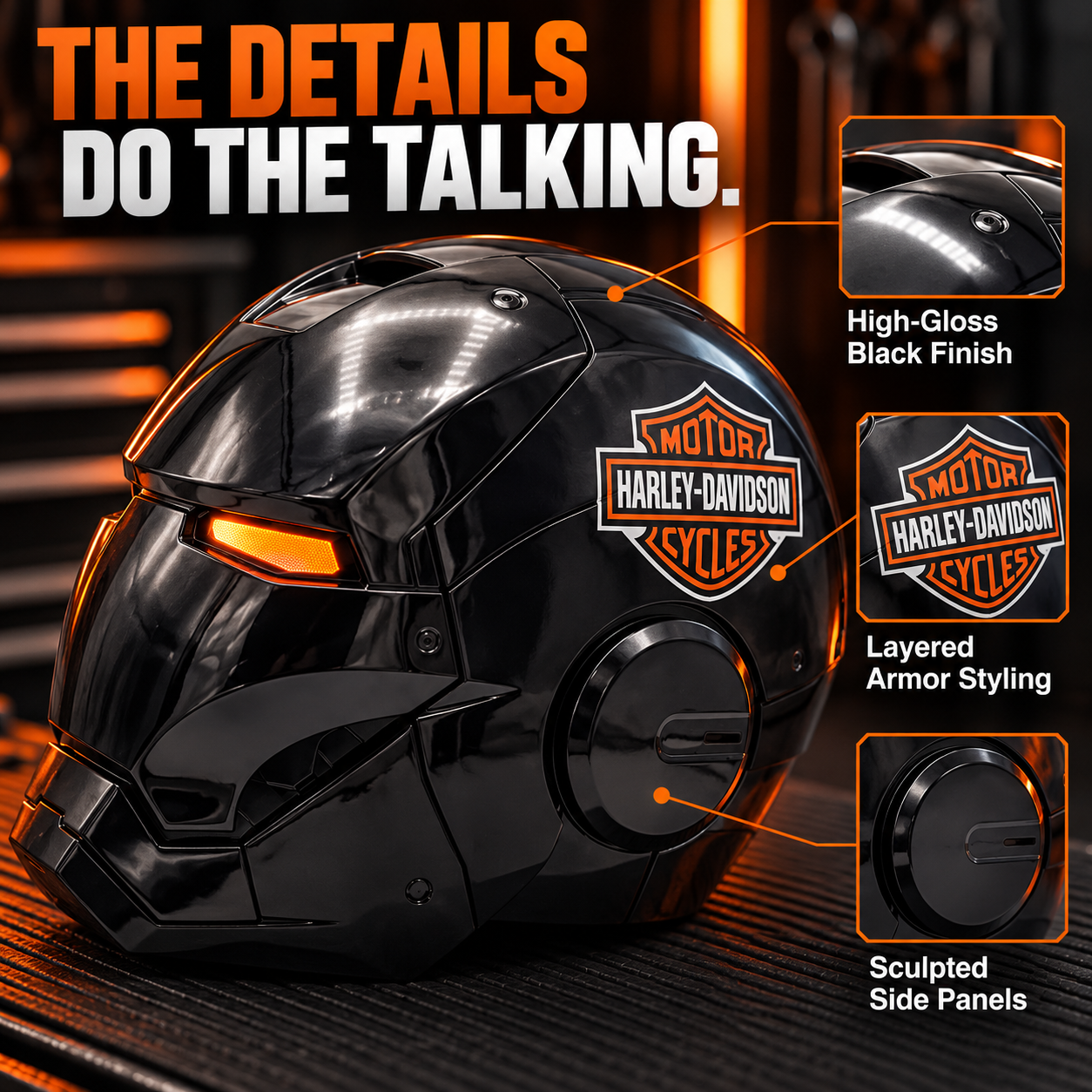 Armored helmet close-up highlighting glossy finish, layered shell and circular side panels