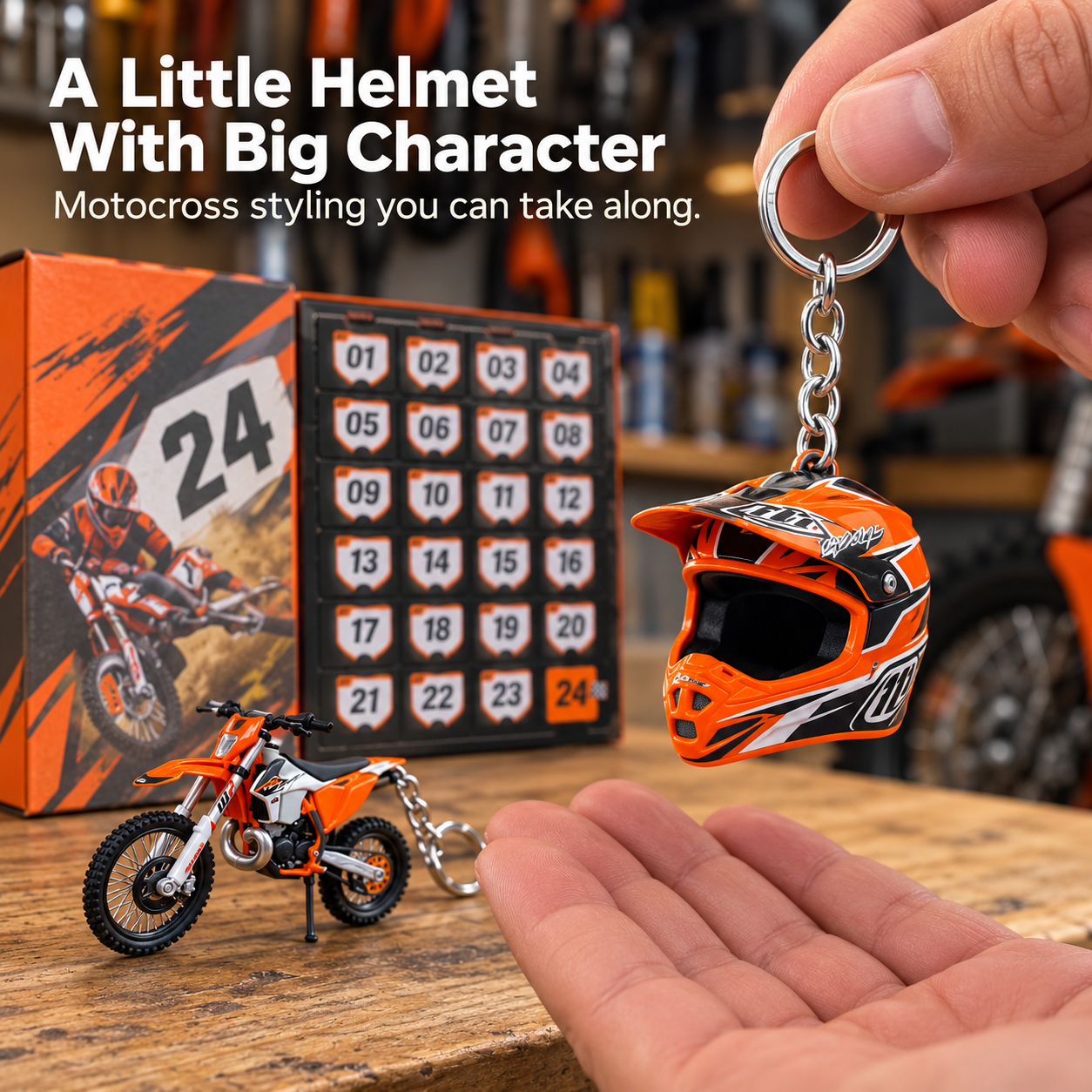 Hand holding an orange motocross helmet-shaped keychain in front of the advent calendar