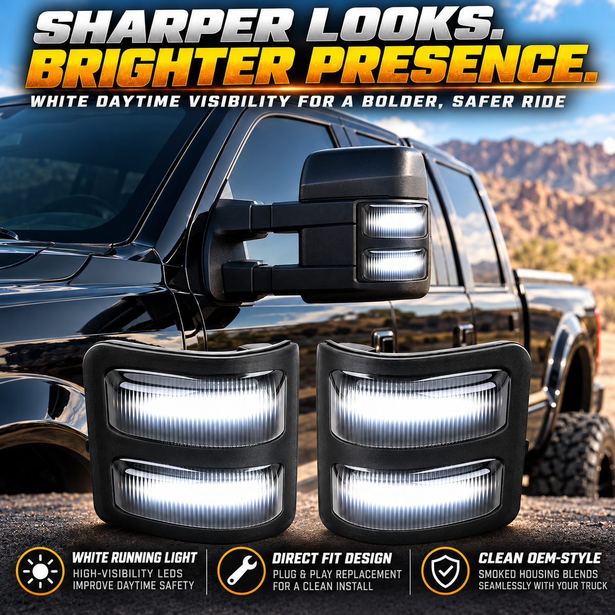 Dual-Mode LED Mirror Lights – White & Amber Turn Signal Upgrade for Heavy-Duty Trucks