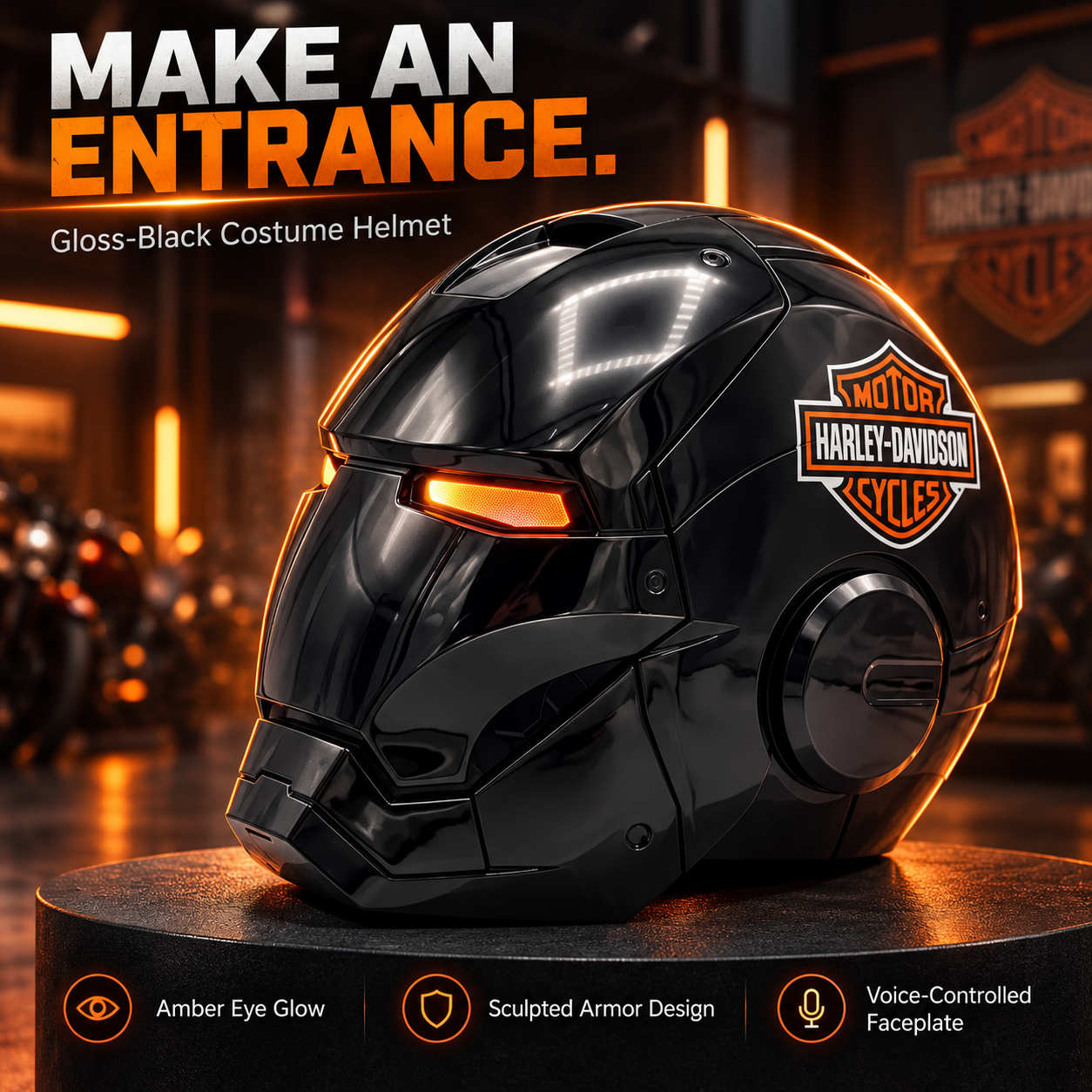 Gloss-black armored costume helmet with amber LED eyes and sculpted panels