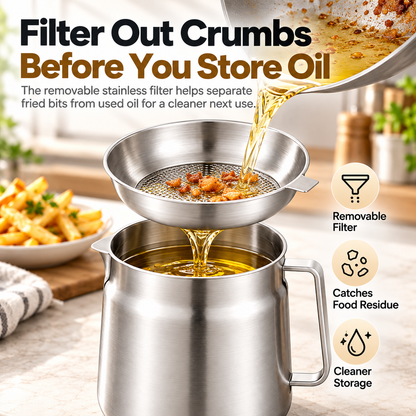 HOT SALE🍟✨ 3-in-1 Stainless Steel Deep Fryer Pot with Oil Filter & Fry Basket 🥘💧 304 Stainless Steel Cooking Oil Strainer & Storage Container 🍗🔥 Easy-Pour Design for Home Kitchen 🍳💖 1.5L/2L Available