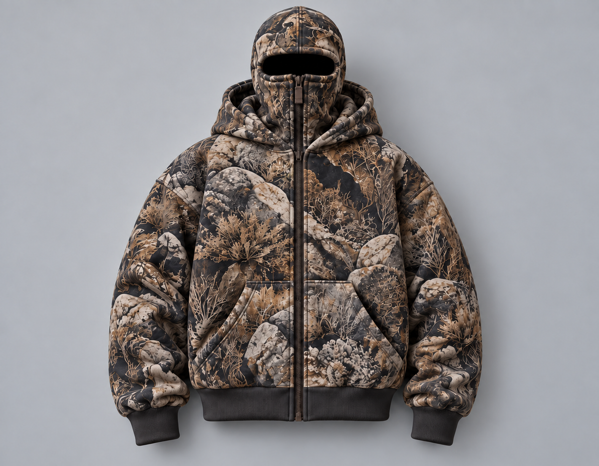 ❄️ Integrated Balaclava Hunting Hoodie | Quilted Oversized Camo Layer