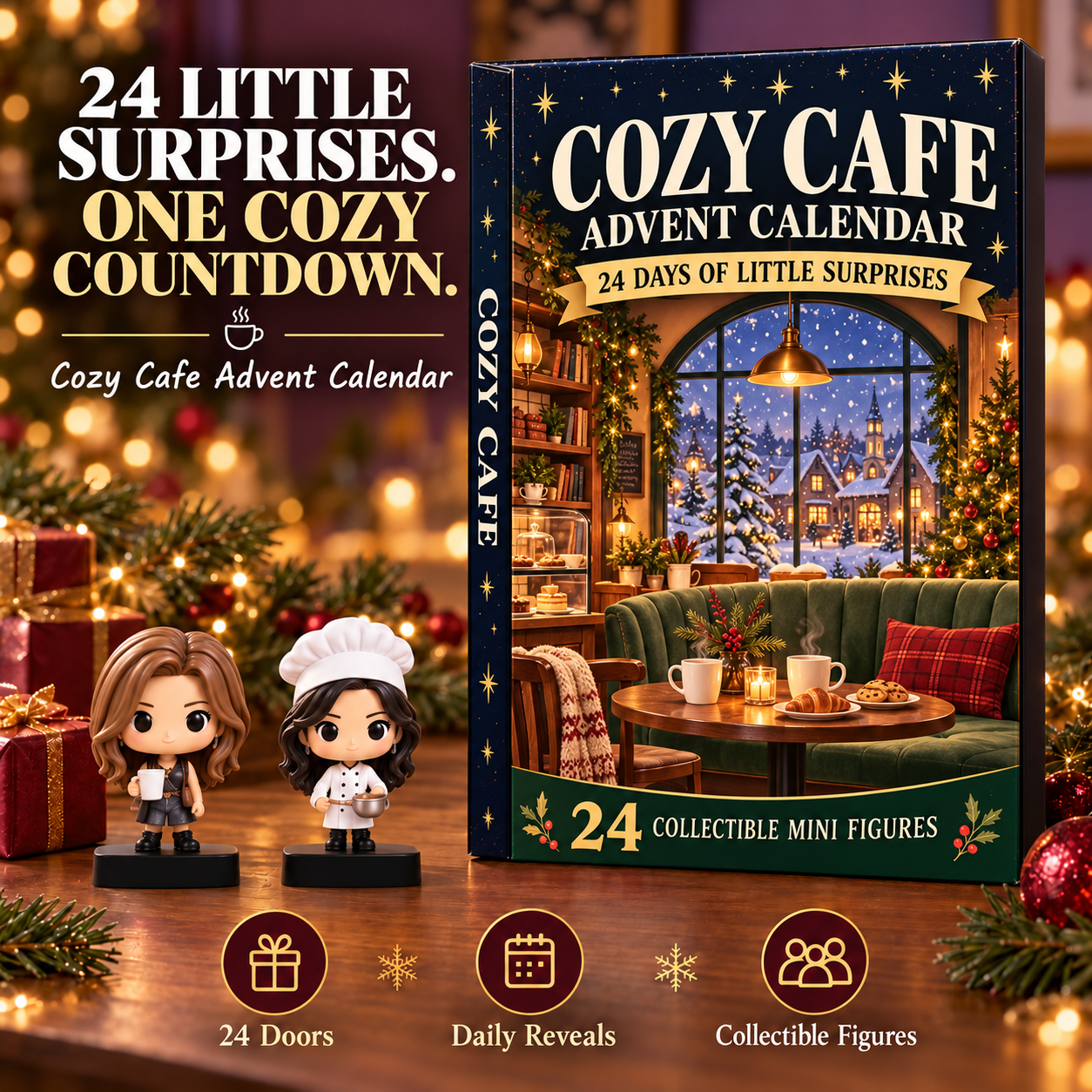 Cozy Cafe Advent Calendar with 24-day countdown packaging and two miniature collectible figures
