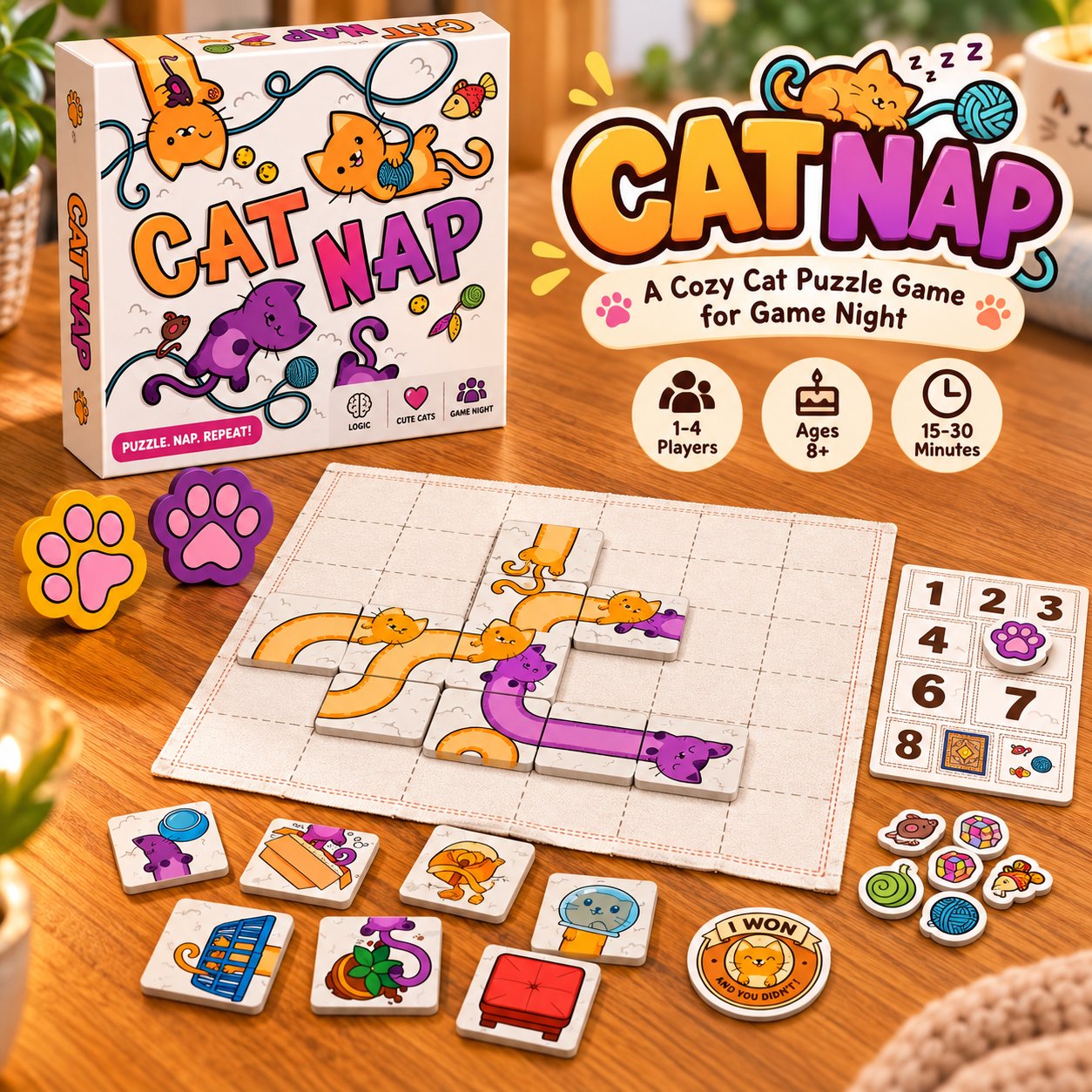 CAT NAP puzzle board game box, play mat, cat tiles and paw markers